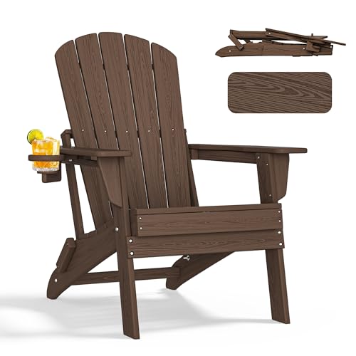 Folding Adirondack Chair with Cup Holder, HDPE Patio Chairs, All-Weather Outdoor Chairs for Backyard, Deck, Fire Pit-Coffee Coffee 1PC