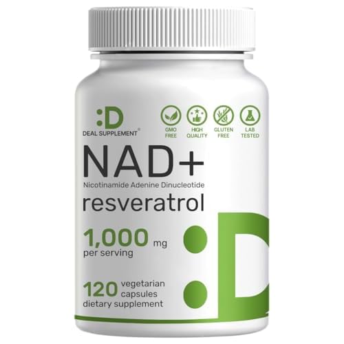 NAD+ Resveratrol Supplement 1,000mg Per Serving, 120 Veggie Capsules | 2-in-1 Extra Strength NMN Supplement Alternative | NAD for Women & Men | Promot