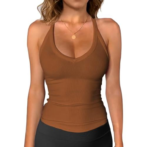 iGENJUN Workout Tops for Women Racerback Basic Tank Summer 2025 Camisole V Neck Slim Fit Ribbed Sleeveless Small Chocolate