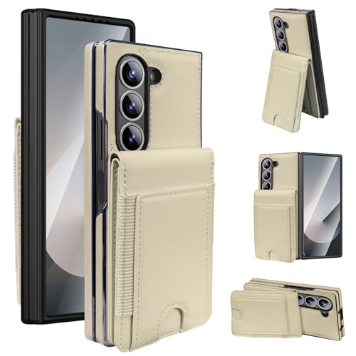 for Samsung Galaxy Z Fold 7 Case with Wallet, Built in Front Glass Screen Protector, 3 Card Slots and Any Angle Kickstand - White White Z Fold 7