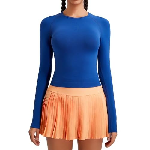 RUNNING GIRL Long Sleeve Yoga Shirts for Women, Soft Fitted Seamless Stretchy Casual Crew Neck Athletic Basic Shirt A-navy Blue X-Large