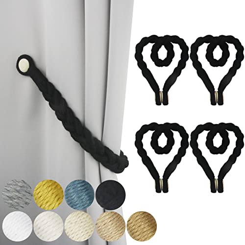 4 Pack Black Magnetic Soft Curtain Tiebacks Cotton Hand-Woven Tieback Holdback Home Decorative Tie Backs with Wooden Buckle for Home Office Decor Blac