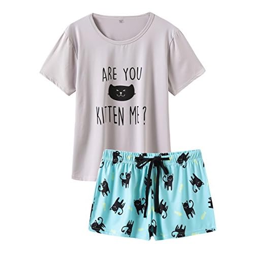 VENTELAN Pajama Set For Women Cute PJS Summer Short Sleeve Shorts Sleepwear X-Small Grey-blue