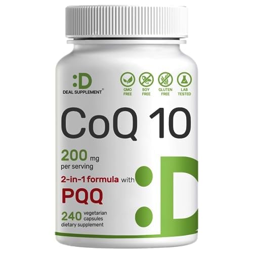 DEAL SUPPLEMENT CoQ10 200mg with PQQ 200mcg, 240 Veggie Capsules | Bioavailable Coenzyme Q10 Complex | Supports Heart, Energy & Brain Health | Antioxi