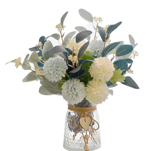 Artificial Flowers with Vase, Faux Flower Arrangement with Eucalyptus Leaves, Silk Hydrangea Table Centerpiece for Home Office Kitchen, Dining Room &