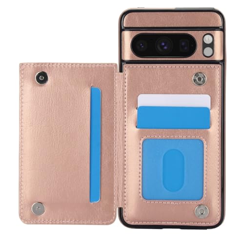 for Google Pixel 8 Pro Wallet Case with 3 Credit Card Holder,RFID Blocking,PU Leather Double Magnetic Clasp Kickstand Heavy Duty Protective Cover.(Ros
