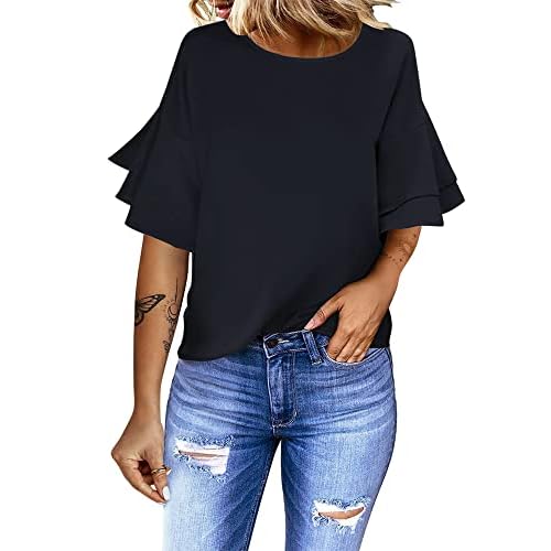 luvamia Women's Casual 3-4 Tiered Bell Sleeve Crewneck Loose Tops Blouses Shirt Large A1 Estate Blue