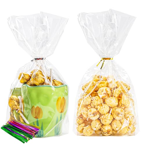 100 Pack Cellophane Bags Clear Flat bottom Cellophane Treat Bags Gusseted with 100 Pack Twist Ties for Candy Popcorn Cookie Small Gift Wrapping(5x8x2