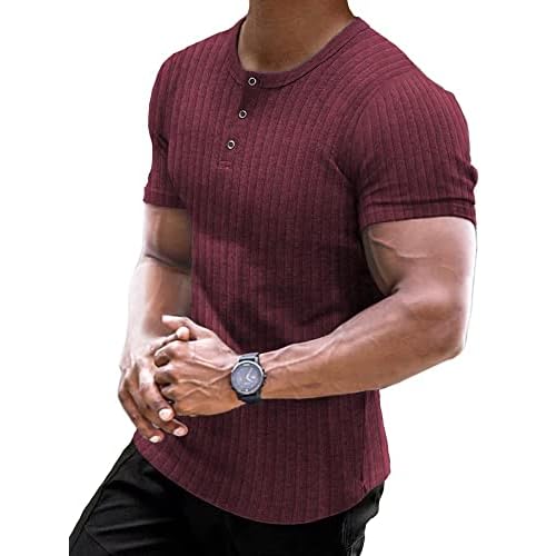 Muscle Cmdr Men's Ribbed Henley Shirt Short Sleeve Slim Fit Muscle Shirt Fitted Cotton Casual Long Sleeve Small 01red_short