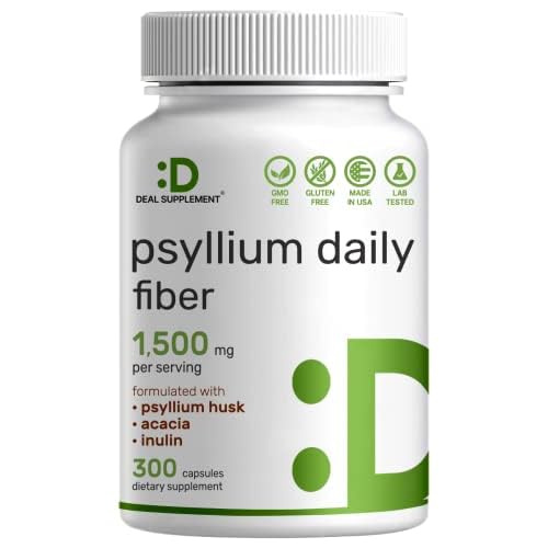 Psyllium Husk 1500mg Per Serving, 300 Capsules – 3 in 1 Fiber Supplement with Inulin & Acacia Complex – Natural Soluble Fiber, Supports Digestive