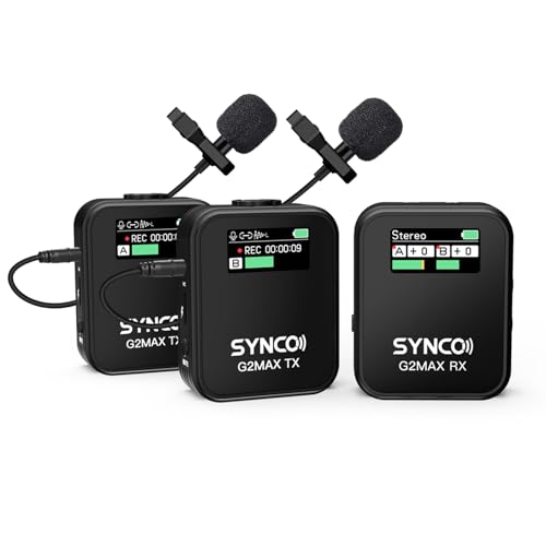 SYNCO Wireless Lavalier Microphone, G2(A2) MAX 2.4G Dual Transmitter 24 Hours Recording 656FT 8H for Online Class Vlog Stream YouTube for DSLR Phone L
