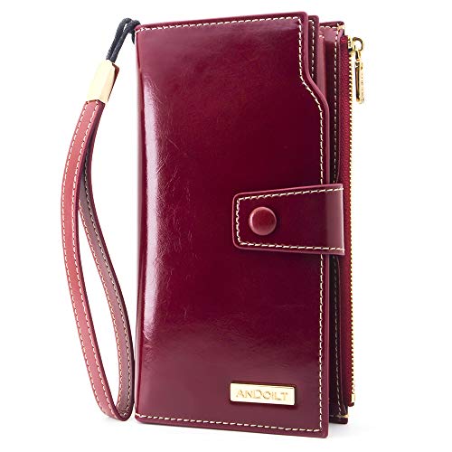 ANDOILT Women's RFID Blocking Large Capacity Luxury Wax Genuine Leather Clutch Wallet Card Holder Organizer Ladies Purse Red