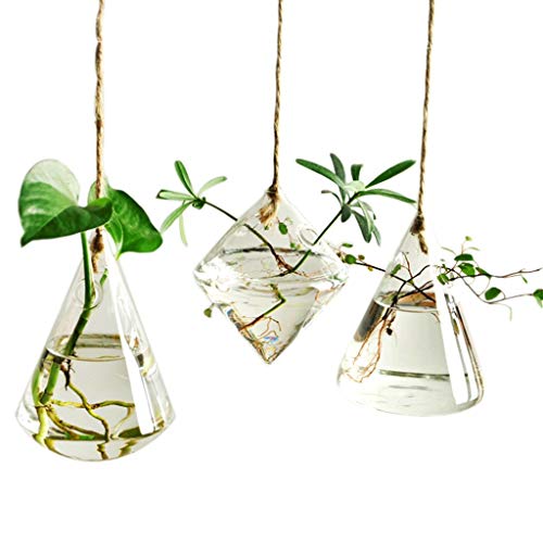 Kingbuy Hanging Glass Terrarium Propogation Planter Geometric Vase with Strings for Propagation Hydroponic Plant Home Garden Decor, 3 Type Geometric S