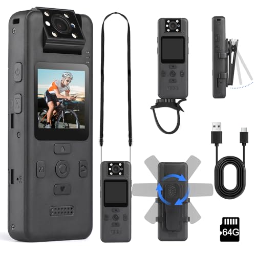 4K Body Camera, Body Cameras with Audio, Mini Body Cam with 180° Rotating Lens, 64G Video Camera Wearable Camera with 6HR Battery, IR Night Vision fo