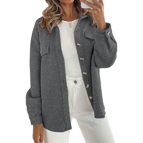 Women's Casual Shacket Jacket, Long Sleeve Loose Oversized Button Down Coat for Fall Winter Office Daily Outerwear Darkgrey Small