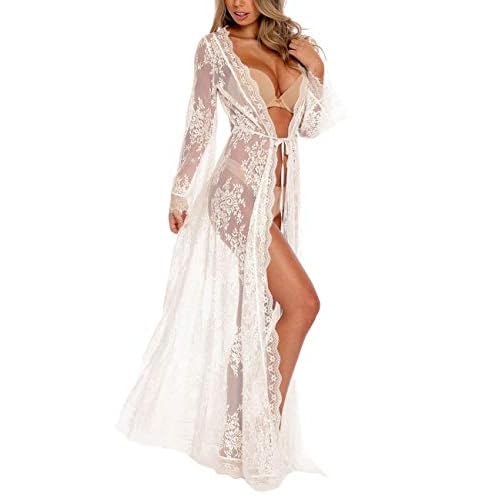 Bsubseach Lace Long Sleeve Beach Kimono Cover Up for Women Bikini Swimsuit Cover Ups Swimwear Cardigan White