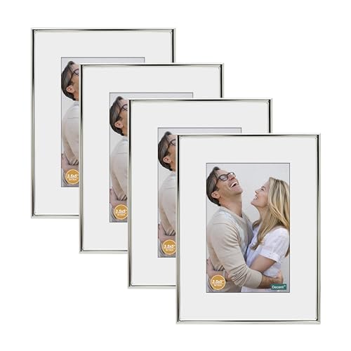 DECANIT 5x7 Picture Frame Set - Silver Metal Thin Frames for Wall or Tabletop Display of 3.5x5 Photos with Mat or 5x7 Without Mat - Gallery Wall Kit-4