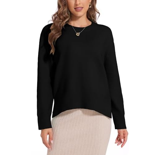Women's Crewneck Long Sleeve Sweaters 2024 Fall Winter Loose Casual Ribbed Knit Side Slit Pullover Tops Black Medium
