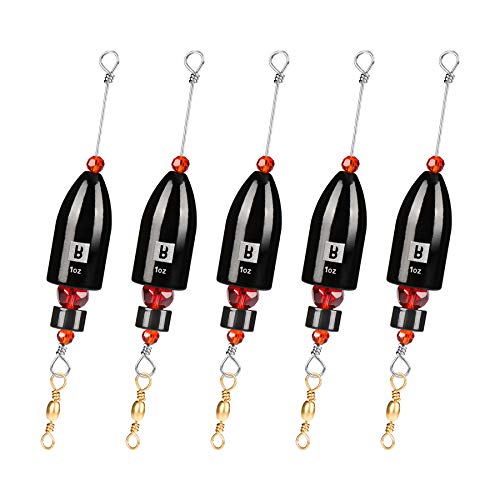 Booms Fishing CRR Carolina Ready Rigs for Bass Fishing Saltwater, 5pcs Brass Pre-Rigged Kit, Fishing Weights Bullet Weights Keeper, 4 Sizes 1-4oz 1-2o