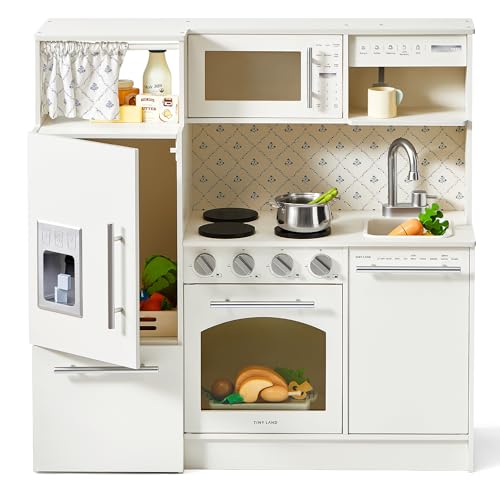 Tiny Land Play Kitchen for Kids, Upgraded Wooden Kitchen Toy with Complete Play Areas, Pretend Cooking Set with Sink, Stove, Microwave, Toy Coffee Sta