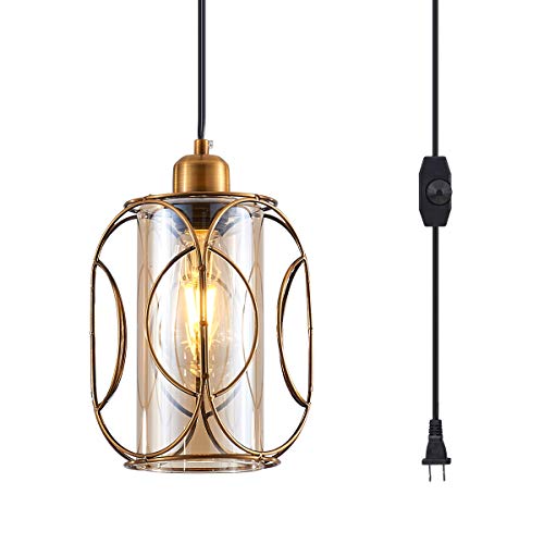 YLONG-ZS Gold Pendant Light Plug in,Glass Hanging Lamp Dimmable, Vintage Swag Ceiling Lamp for Kitchen Island,Bedroom,Living Room,Dining Room YL11A-Br