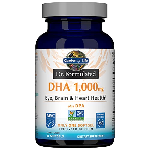 Garden of Life Dr. Formulated DHA 1,000mg Fish Oil - Lemon, Once Daily 1000mg DHA + DPA in Triglyceride Form, Single Source Omega 3 Supplement for Ult