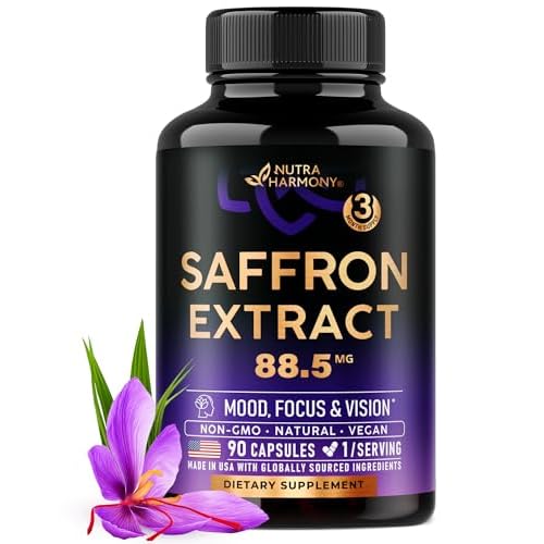 Natural Saffron Supplements - Pure Saffron Extract 88.5 mg - Made in USA - Mood | Focus | Vision | Energy Support - Eye Health for Women & Men - NonGM