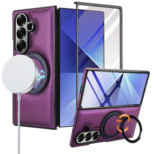 for Samsung Galaxy Z Fold 7 Case with Magnetic Ring Holder, 360 Rotating Bracket, Built-in Front Screen Protector, Slim Anti-Drop Shockproof Case.(Dar
