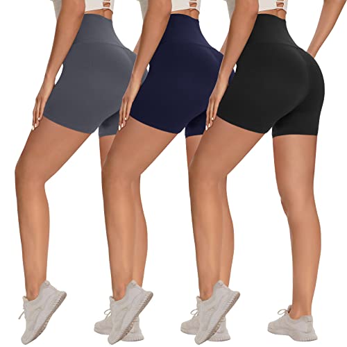 3 Pack Biker Shorts for Women – 8"-5"-3" High Waisted Tummy Control Workout Yoga Running Athletic Shorts Black-Dark Grey-Navy Blue Large-X-Large 5 I