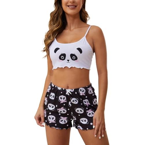 YIJIU Women's Pajamas Set Camisoles Sleepwear Lingerie Cute Print Lettuce Trim Cami Top and Shorts Nightwear