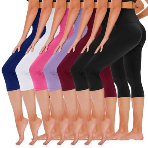 TNNZEET 7 Pack Leggings for Women - High Waisted Yoga Pants with Pockets Black Leggings Women Full Length & Capri Capri Large-X-Large Black*2- Wine Re