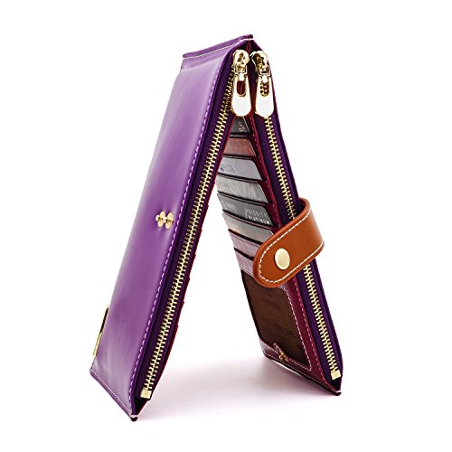 ANDOILT Women's Genuine Leather Wallet RFID Blocking Credit Card Holder Zipper Purse Cell Phone Handbag One Size Purple & Brown Closure