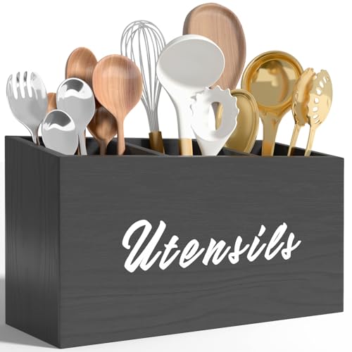 Wooden Kitchen Utensil Holder, Flatware Utensil Caddy with 3 Compartments, Utensil Caddy for Parties, Storage Organizer Box for Kitchen Counter & Silv