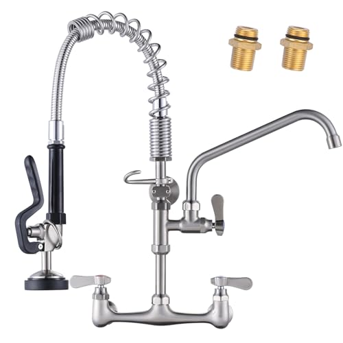 21" Height Commercial Faucet Wall Mount with Sprayer 9.6" Swing Spout 8" Adjustable Center, Kitchen Sink Faucets with Pull Down Pre-Rinse Sprayer for