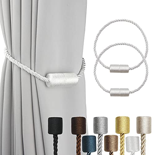 2 Pack White Strong Magnetic Curtain Tiebacks Outdoor Elegant Decorative Tie Backs Modern Rope Tiebacks for Drapes Window Curtain Holdbacks for Draper