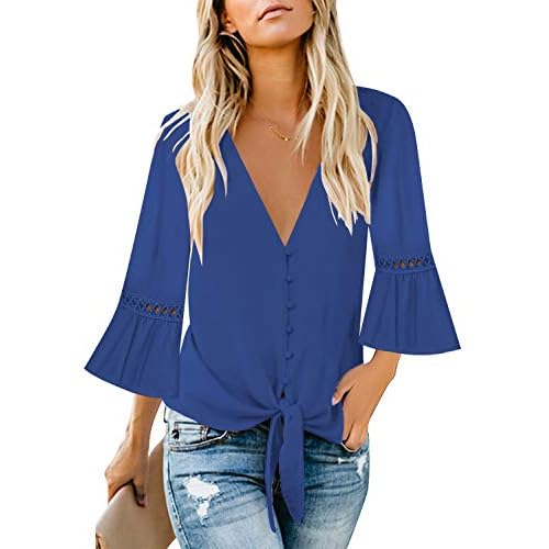 luvamia Women's V Neck Button Down Shirt Casual 3-4 Sleeve Tie Knot Tops Blouses Small Lapis Blue