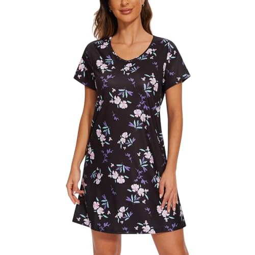YIJIU Womens Nightgowns Short Sleeve Printed Nightshirts Casual Sleepwear Soft Sleepdress S-3XL