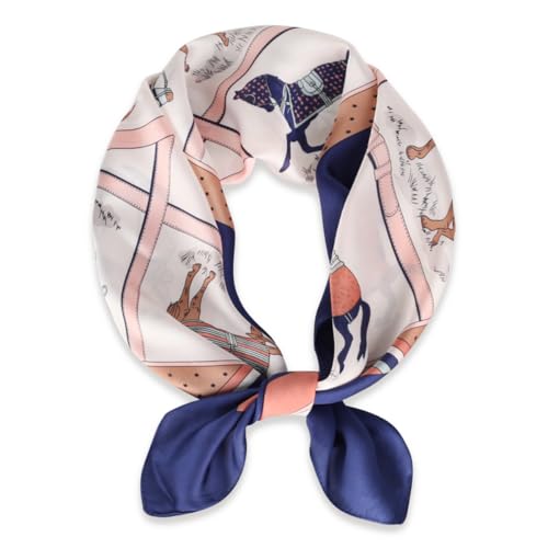 EXTREE Fashion Silky Satin Headscarf for Women Girls: Exquisite Pattern Lightweight Silk Graceful Scarfs 27.5 x 27.5 inches Navy Blue Pony Puzzle