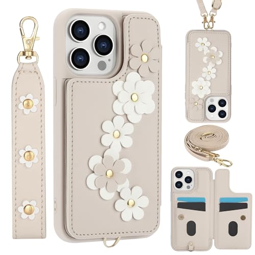 for iPhone 15 Pro Max Wallet Case with 4 Credit Card Holder Slots, Flower Pattern PU Leather Magnetic Clasp Kickstand with Long and Short Strap.-White