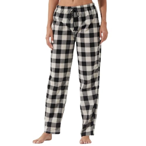 LANBAOSI Christmas Pajama Pants for Women Fuzzy Pack Long Fleece Buffalo Plaid Pj Bottoms Soft Drawstring Lounge Sleepwear Grey Medium