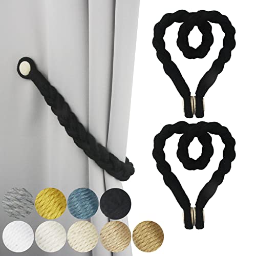 2 Pack Black Magnetic Soft Curtain Tiebacks Cotton Hand-Woven Tieback Holdback Home Decorative Tie Backs with Wooden Buckle for Home Office Decor Blac