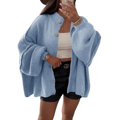 Women's Oversized Cardigan Batwing Long Sleeve Button Up Ribbed Knit Sweater Loose Trend Spring Tops Blue Small