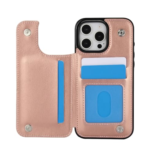 for iPhone 16 Pro Case with Credit Card Holder,RFID Blocking,PU Premium Leather Double Magnetic Clasp Kickstand Heavy Duty Protective Cover.(Rose Gold
