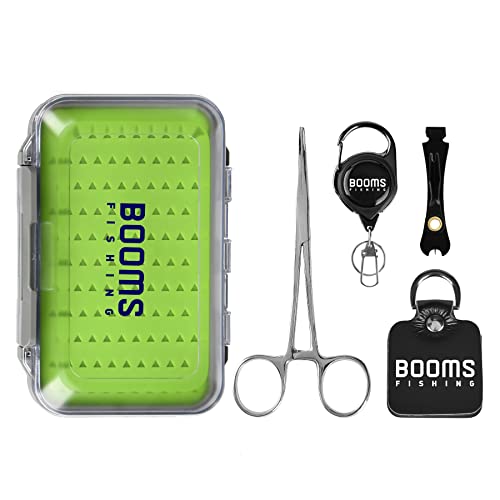 Booms Fishing FF2 Fly Fishing Accessories and Tools Kit: Forceps, Nipper, Line Straightener, Zinger, Two-Sided Fly Box Assortment 5 in 1 Combo