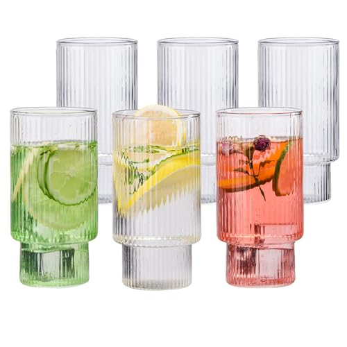 Ribbed Drinking Glasses Set of 6, 14oz Water Glasses,Vintage Glass Cups,Clear Glass Tumbler,Ribbed Glassware for Cocktail,Iced Coffee,Juice,Mojito,Dec