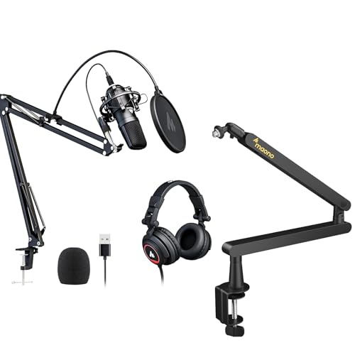 MAONO Microphone with Studio Headphone Set 192kHz-24bit Vocal Condenser Cardioid Podcast Mic Compatible with Mac and Windows, YouTube, Gaming, Live St