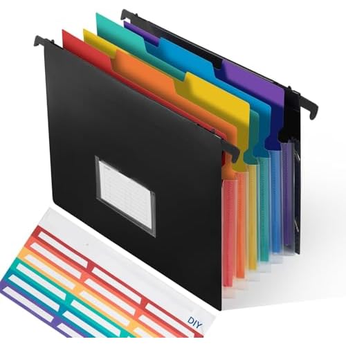 TRANBO 7-Pockets Hanging File Folder with Retractable Hooks for Filing Cabinet, Letter Size Expandable Accordion File Organizer with Elastic Band for