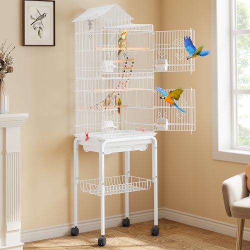 YITAHOME 62 inch Metal Bird Cage, Large Parakeet Cages for Parrot, Cockatiel, Lovebird, Pigeon with Roof Top, Rolling Stand and Hanging Accessories, W