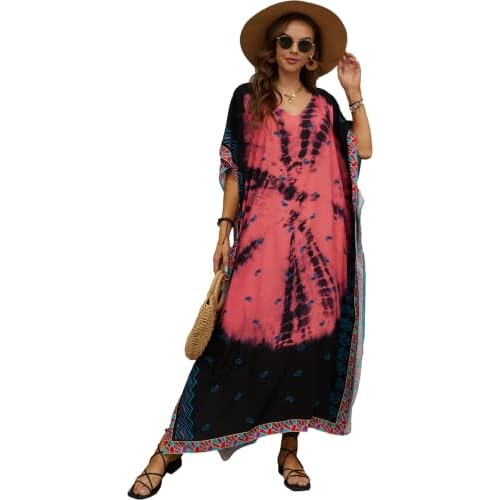 Swimsuit Cover Up Caftan Women's Vneck Flower Leopard Print Batwing Sleeve Side Split Kaftan Dresses B13