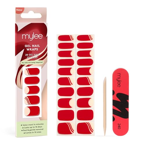 Mylee Gel Nail Wraps [Lady in Red] – 10 Pre-Cured Gel Stickers for Instant Mani – No Lamp Needed, Chip-Resistant, Glossy Finish, Lasts Up to 14 Da